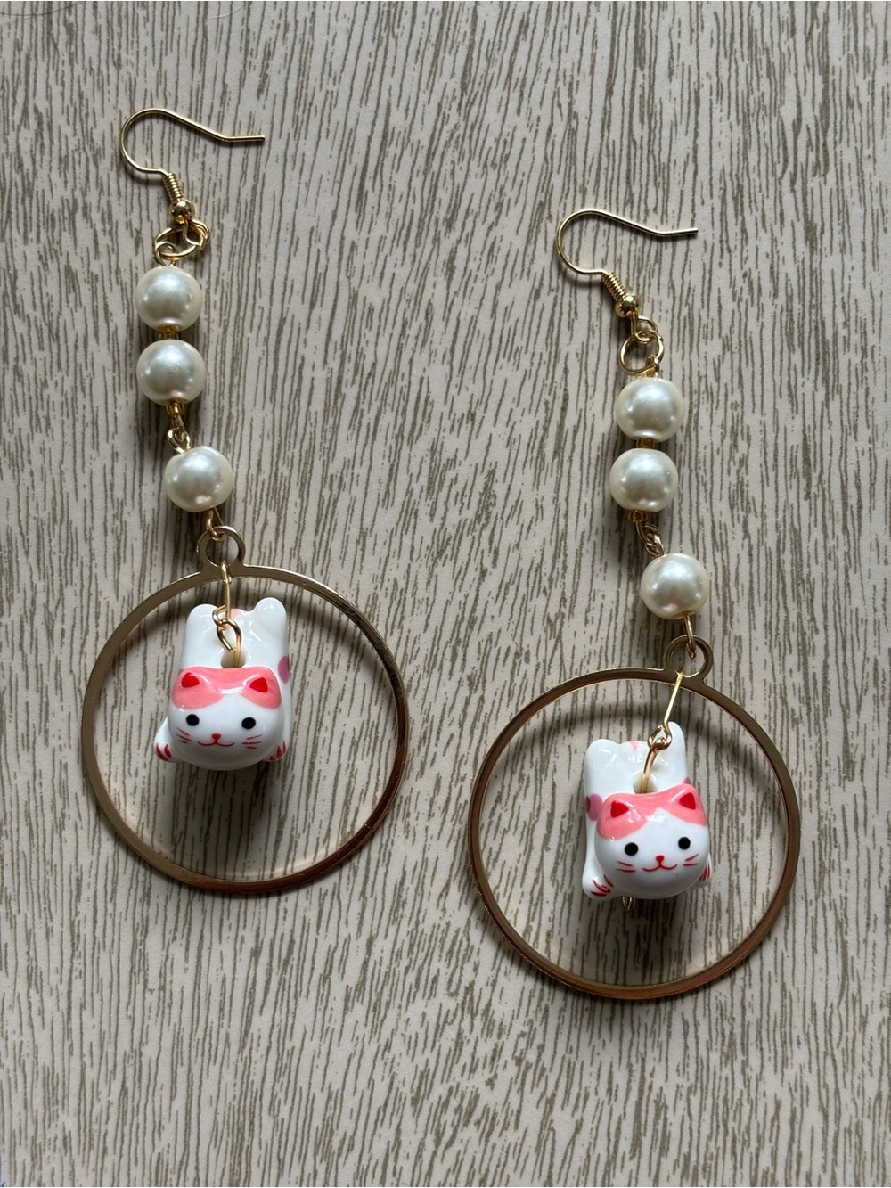 Hand Crafted Ceramic White & Pink Lucky Cat Pearl Hoop Earrings